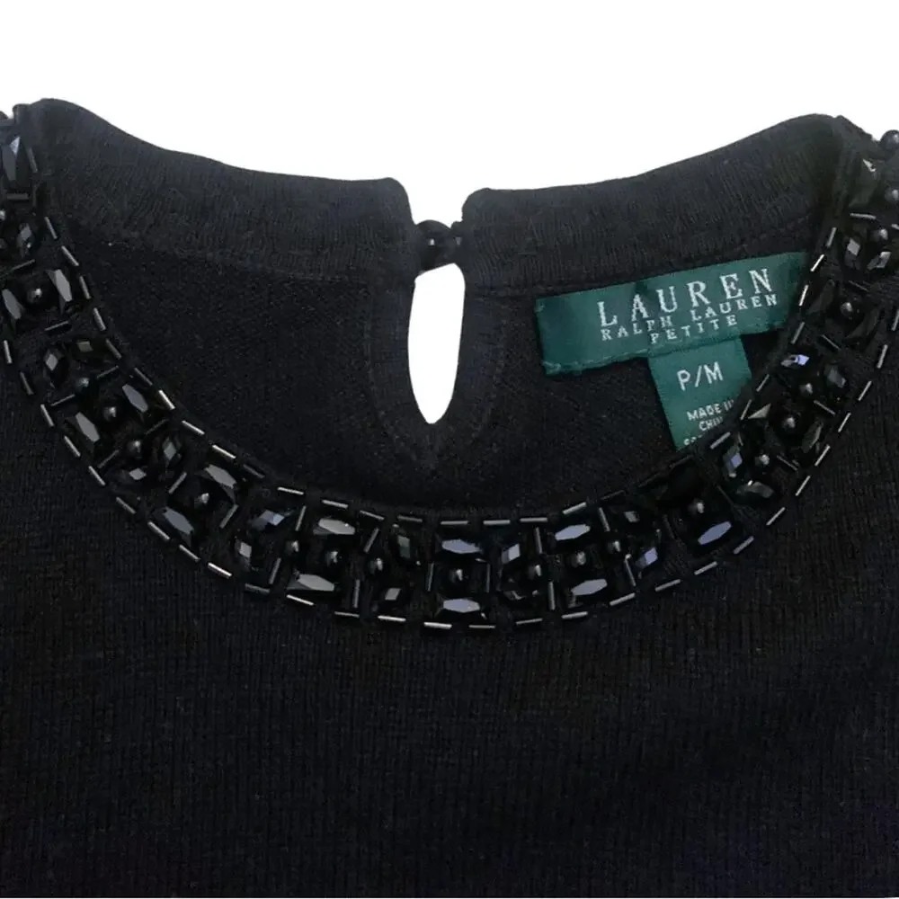 Ralph Lauren Black Cashmere Silk Short Sleeve Sweater Medium Petite Embellished
